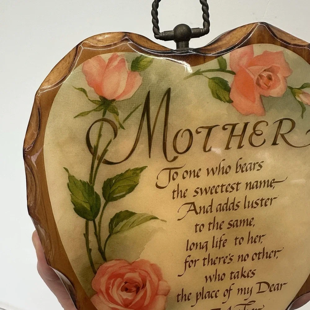 Vintage Wooden Mother Poem Heart Shape Pink Roses‎ Glossy Wall Hanging Plaque 9